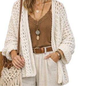 Handmade White Crochet Cardigan Open Stitch Boho cozy chunky Sweater O/S